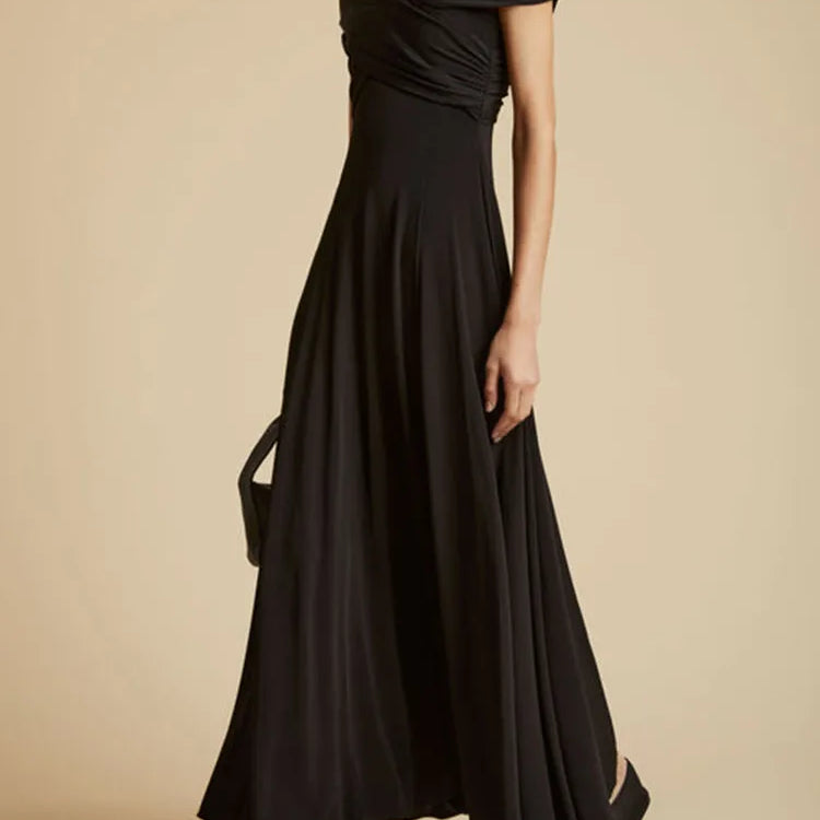 Solid Minimalist A Line Dresses For Women Slash Neck High Waist Patchwork Folds Slimming Dress Female Fashion New