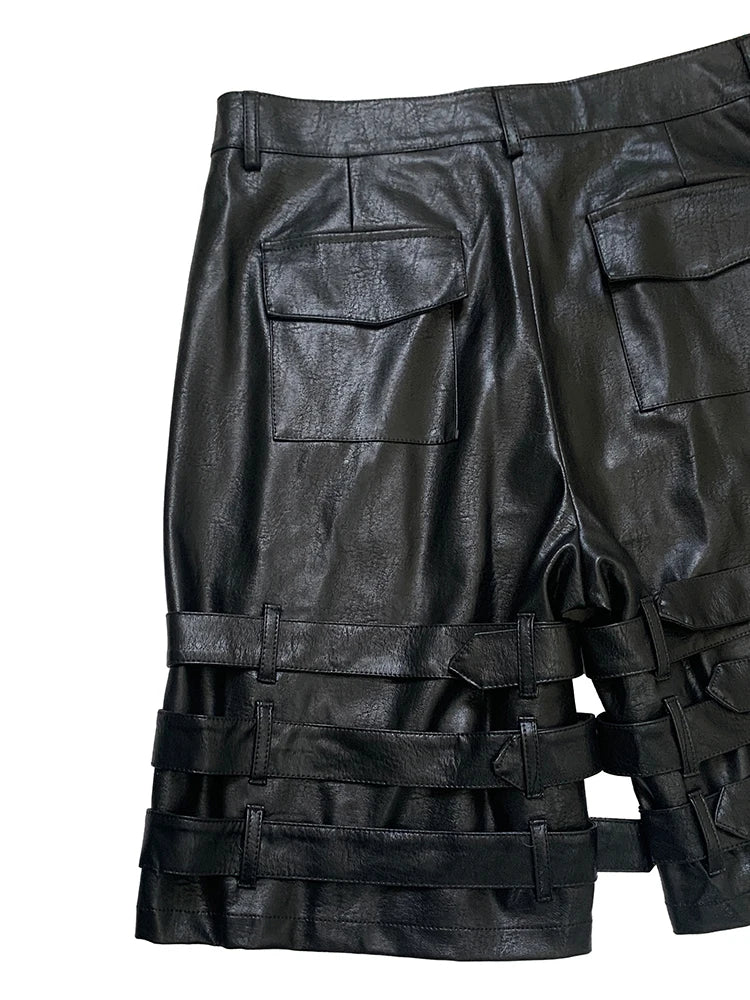 Nerazzurri Summer Autumn Black Faux Leather Shorts for Men with Many Belt Mens High Waist Short Straight Pants Emo Clothes 2025