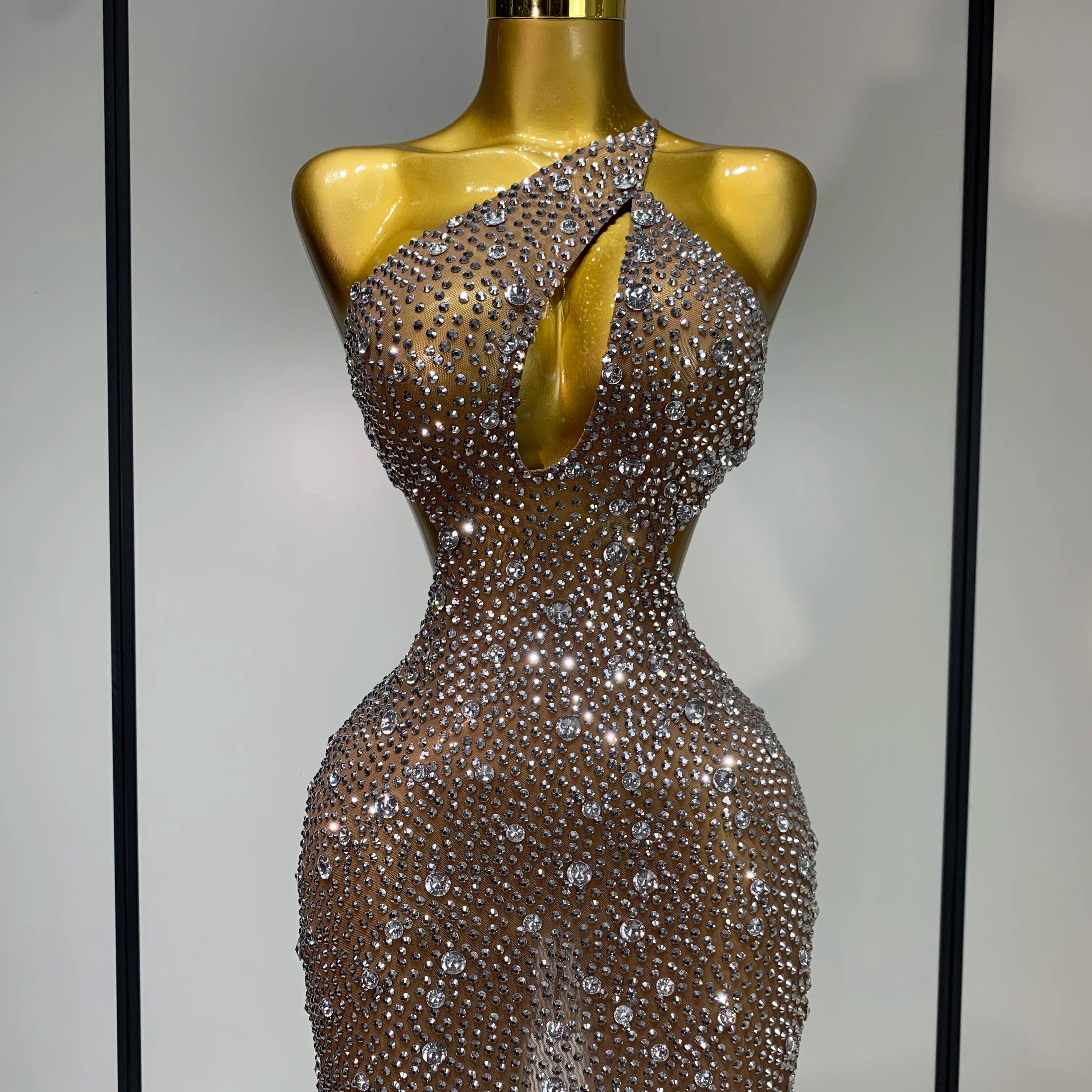 Women Sexy Mesh See Through One Shoulder Luxury Rhinestones Stage Costume Singer Dancer Nightclub Evening Party Birthday Dresses Light Brown