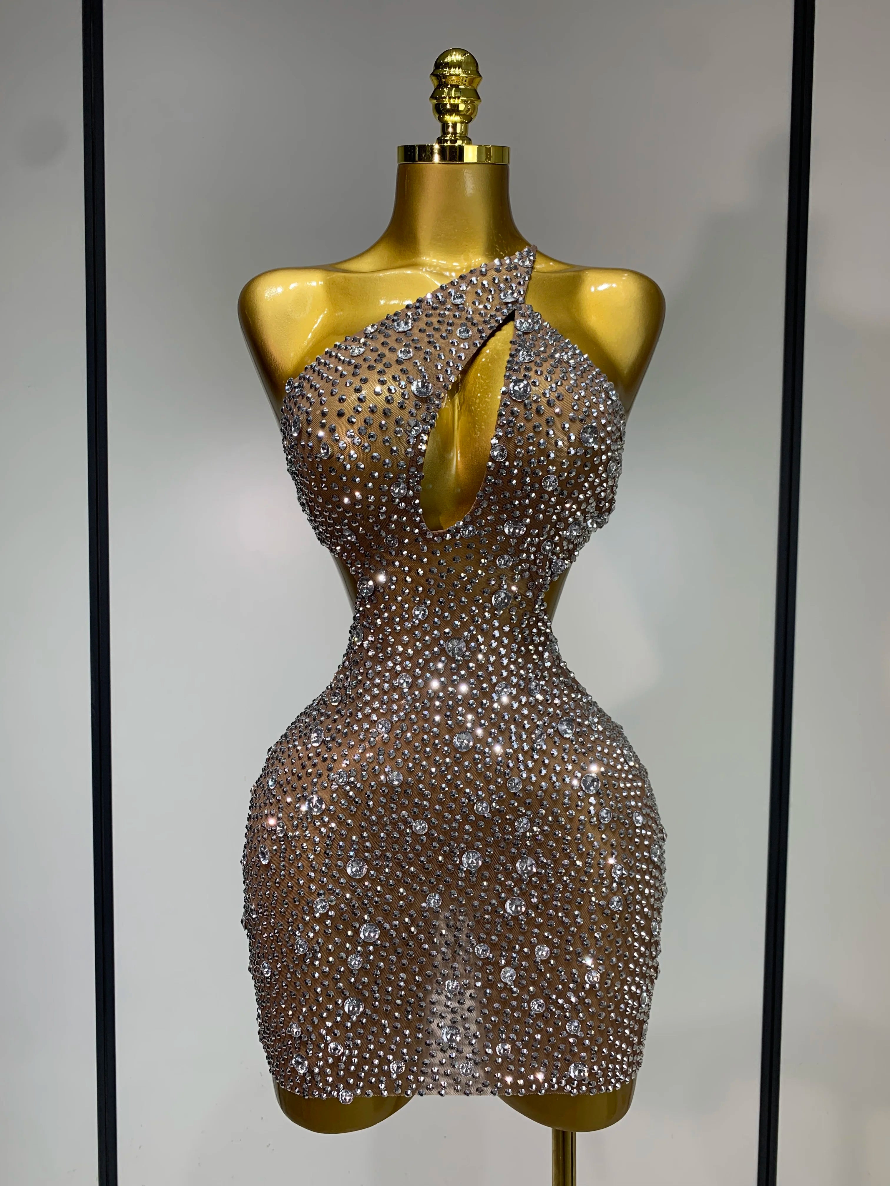 Women Sexy Mesh See Through One Shoulder Luxury Rhinestones Stage Costume Singer Dancer Nightclub Evening Party Birthday Dresses Light Brown