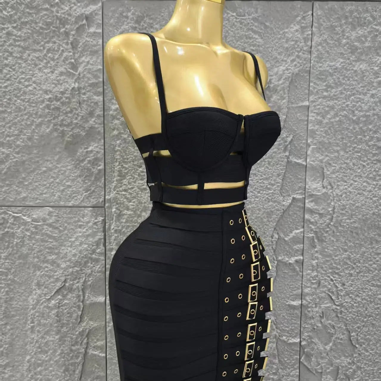 Black Color Women Sleeveless Sexy Strap 2 Pieces Bodycon Mini Bandage Dress Nightclub Party Birthday Fashion Outfit Vestido