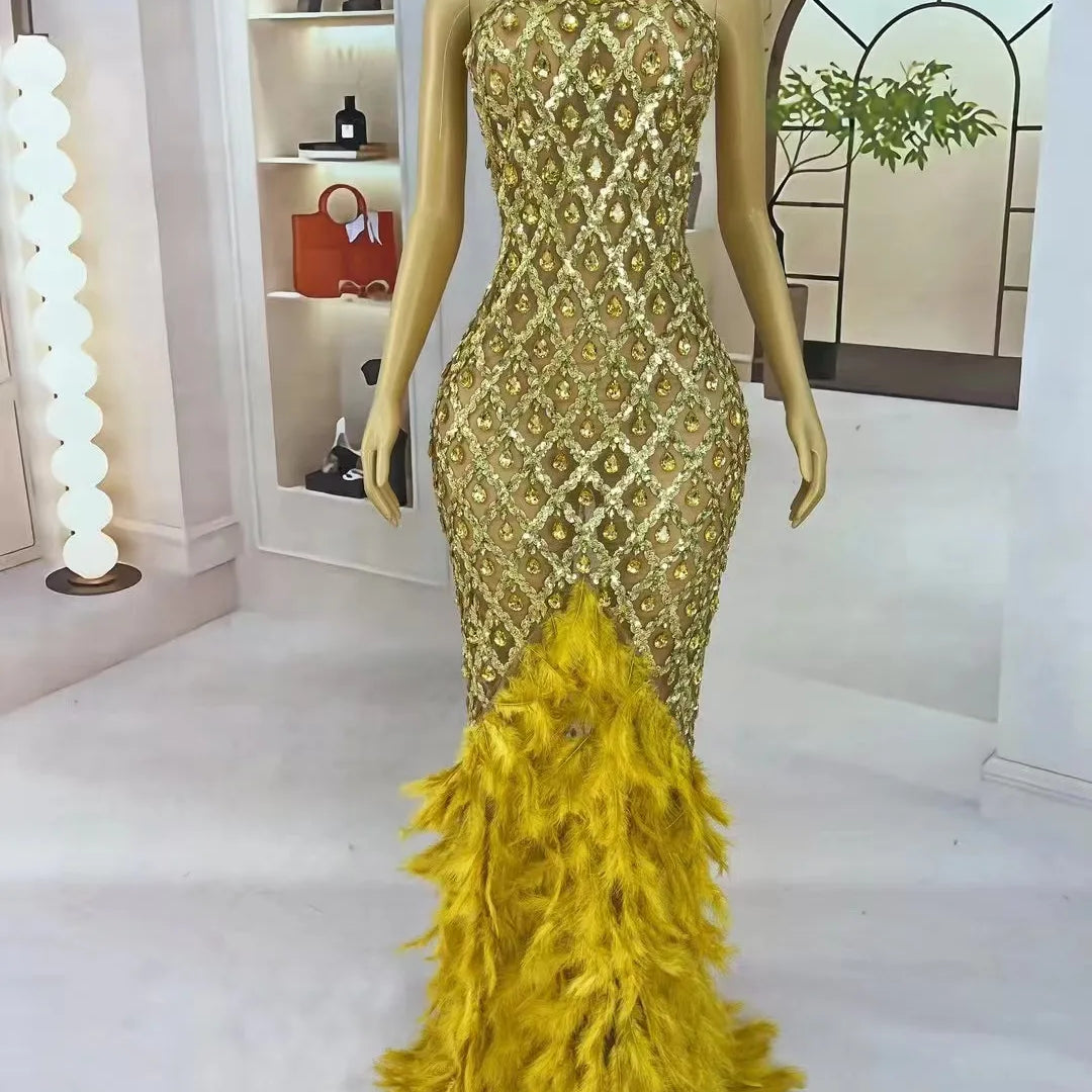 Luxury Shining Gold Rhinestones Feather Sexy Mesh Long Dress Women Birthday Evening Red Carpet Fashion Show Gown Stage Costume Gold