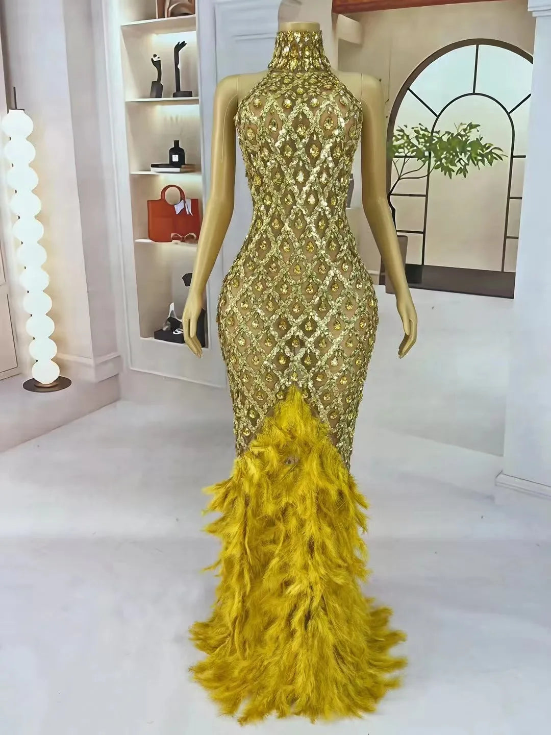 Luxury Shining Gold Rhinestones Feather Sexy Mesh Long Dress Women Birthday Evening Red Carpet Fashion Show Gown Stage Costume Gold