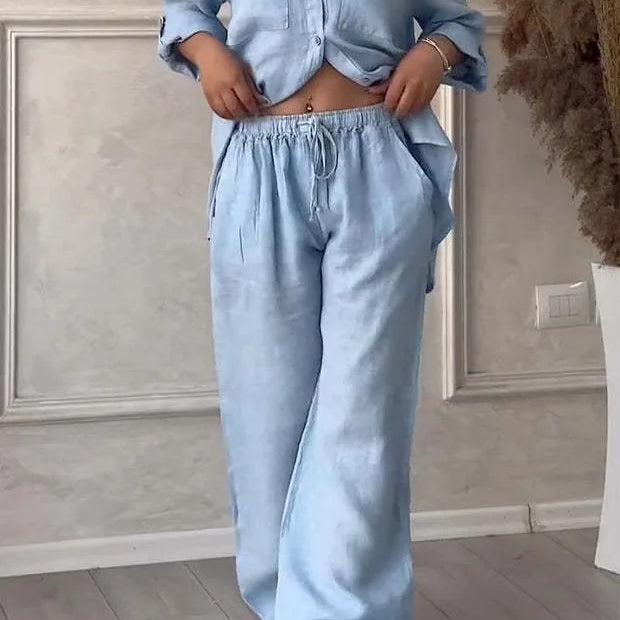 Women Plus Size Two Pieces Set Drawstring Straight Elastic Waist and Long Sleeve Button Shirt Top Matching Set Linen Cotton Set Sky Blue
