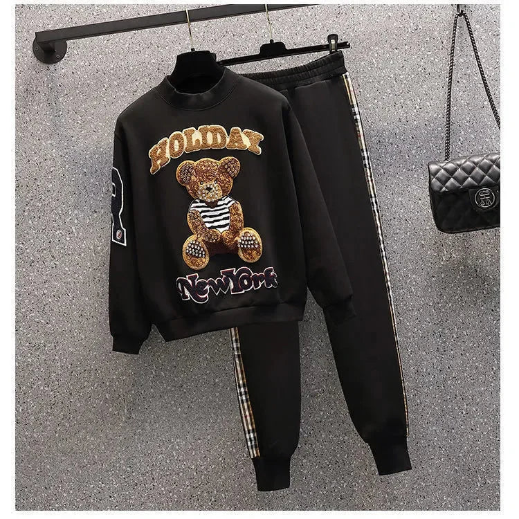 Women's Casual Sweat Suit Spring And Autumn Winter New Fashion Plush Sweater Tube Top Pants Matching 2 Two Piece Sets For Women Plush Black