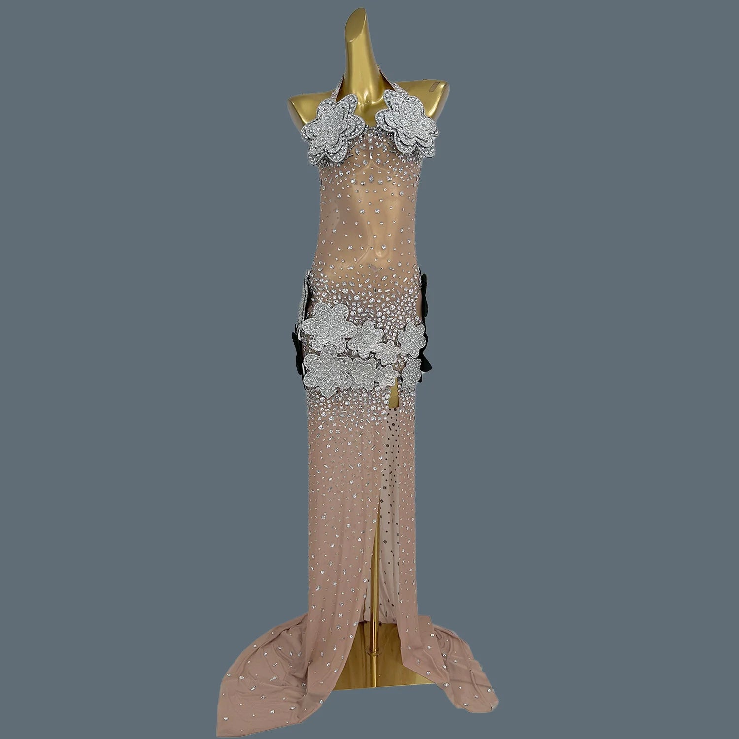 3D Flower See Through Mesh Evening Dress Sexy Women High end Couture Sparkly Rhinestone Party Long Dress Event Outfit Tiehua Silver