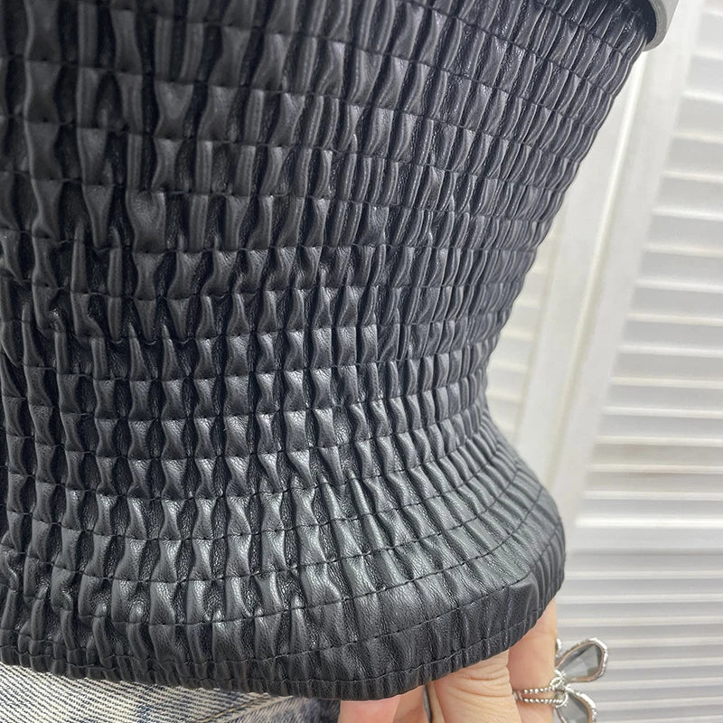 Winter New Fashion Furry Patchwork PU Leather Belt Tank Top Vest For Women Chest Pads Backless Short Tops 11A07915