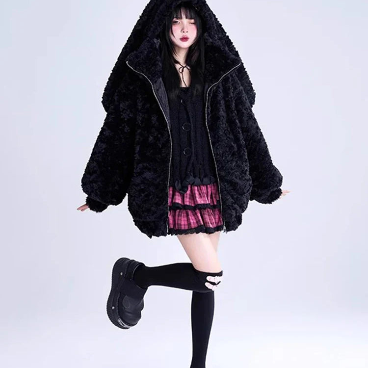 Autumn Winter Sweet Cute Lovely Warm Thick Soft Black Faux Fur Coat Women Bunny Ears Fuzzy Fluffy Jacket Hoodie 2023