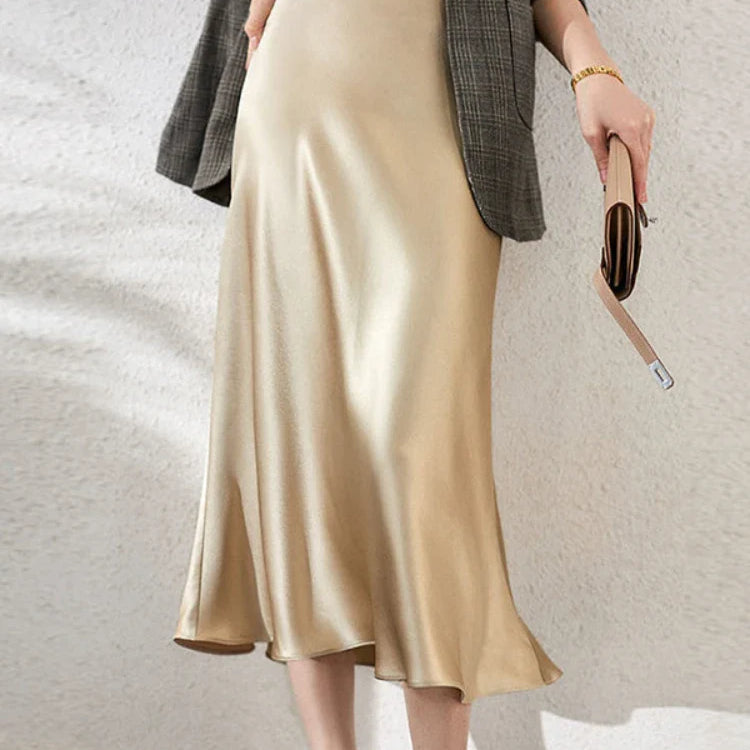 High Waisted Satin Long Skirts for Women Spring/Summer New Women's Skirt A-line Fashion Elegant Slim Fit Grey Black Skirt Champagne