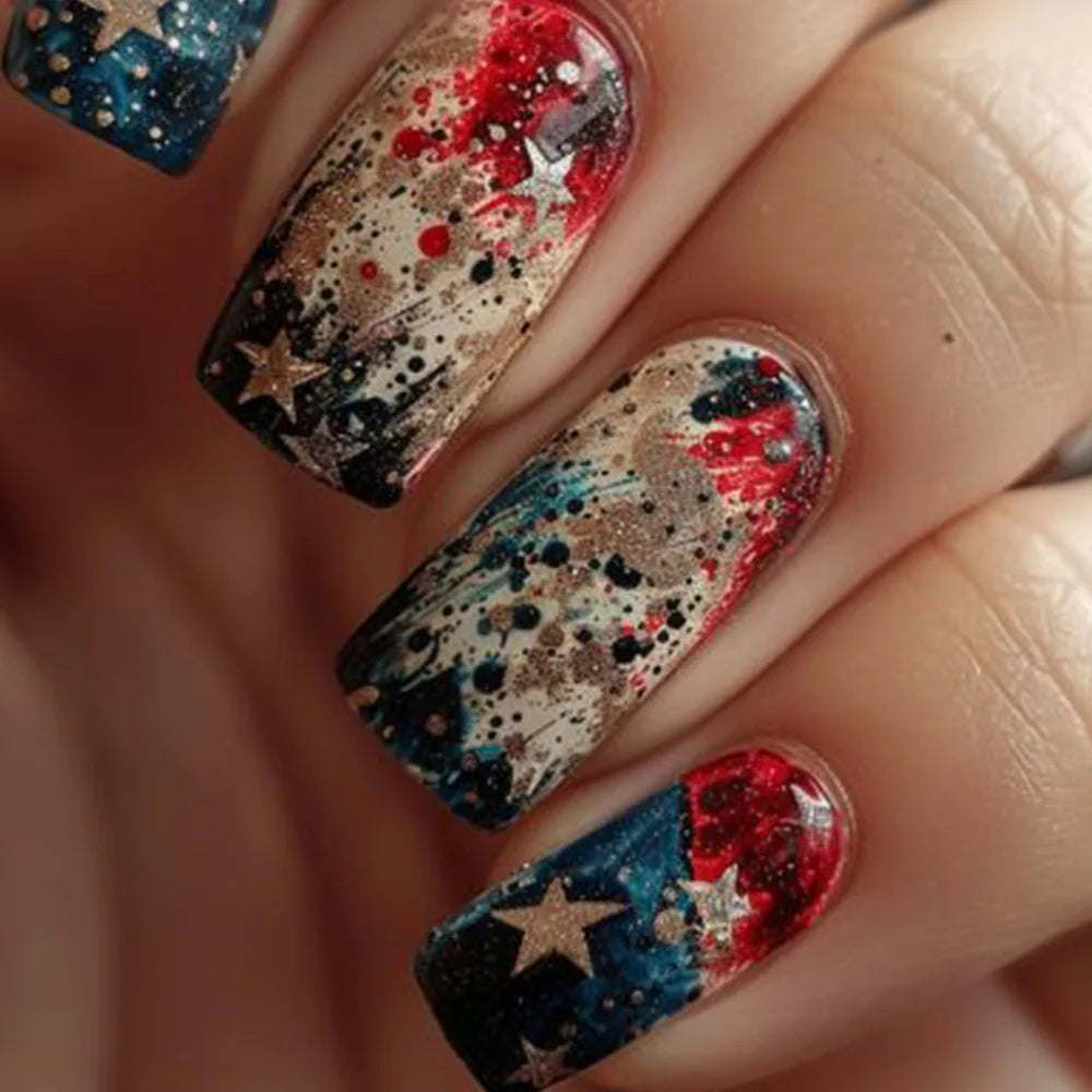 24Pcs Fake Nails with Colorful Starry Sky Square Press on Nails Full Cover Dreamy Star Moon Meteor Girl Detachable Nail Tips Art 2