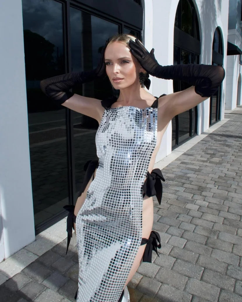 Celebrity Red Carpet Dress Women Sleeveless Sexy Shinning Sequined Bodycon Long Dress Side Bow Celebrate Evening Party Wear