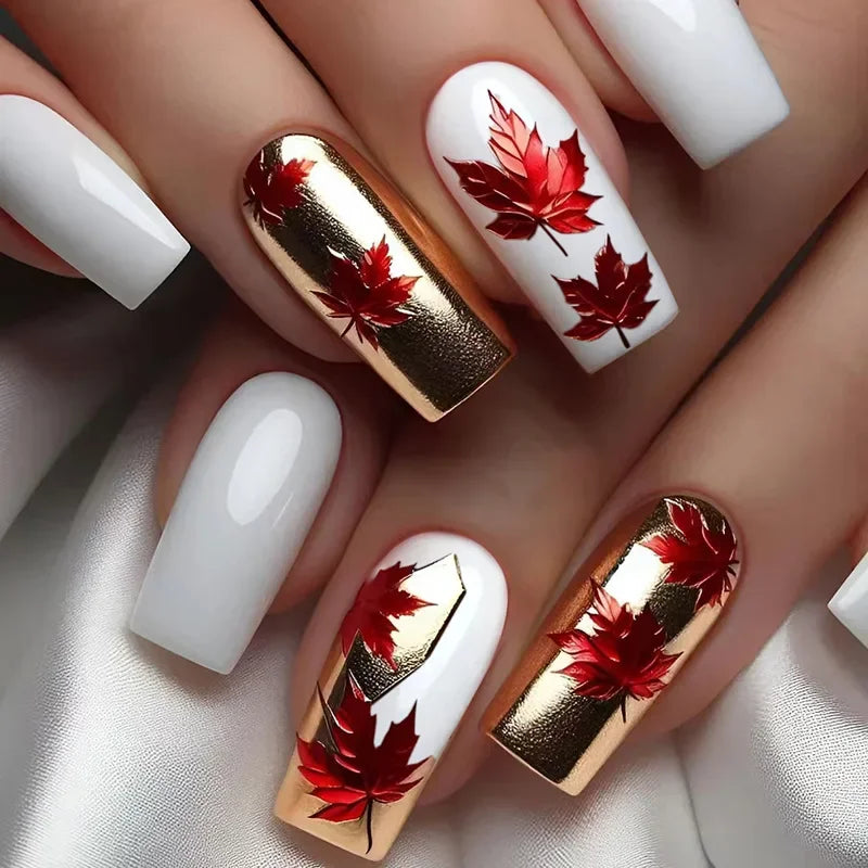 24Pc Retro Gold False Nails Mid-length Square Ballet Acrylic Press on Nails with Maple Leaves Designs Fake Nails with Jelly Glue 13