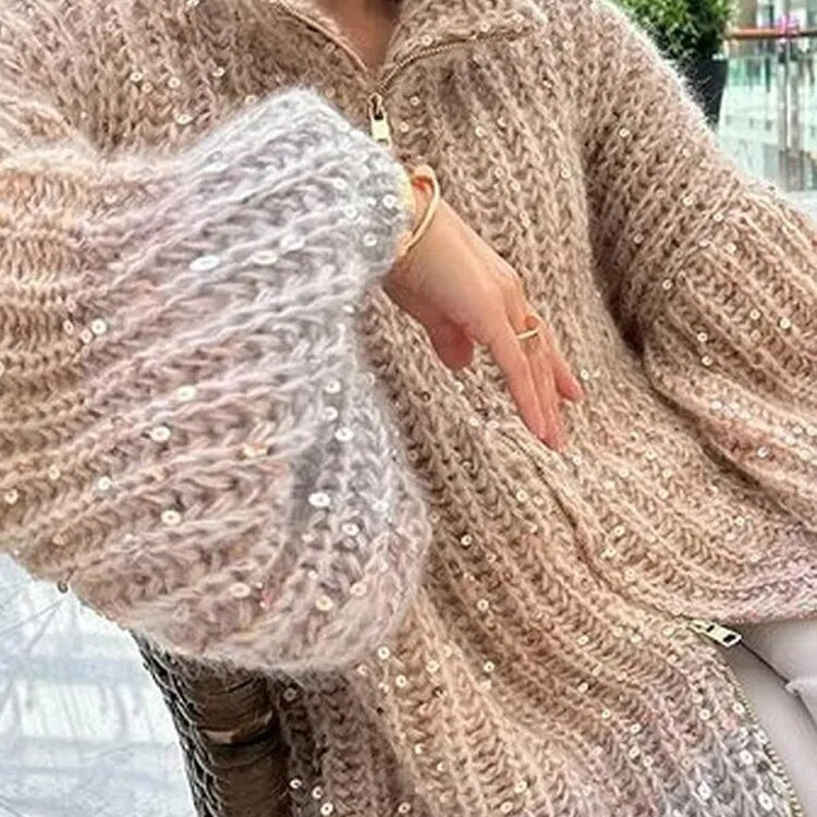 Sequin Knitted Women's Sweater Autumn Bishop Sleeve Zippers Loose Casual Sweaters Female 2024 Lady Stand Collar Outerwear
