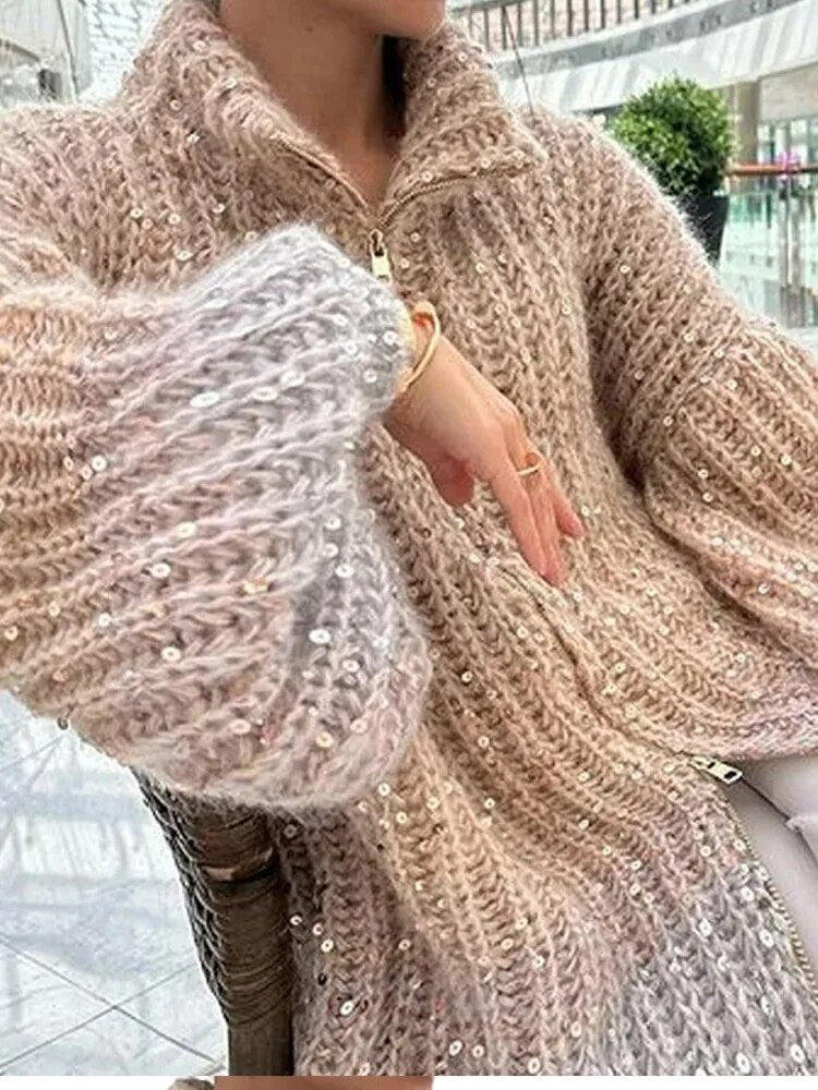 Sequin Knitted Women's Sweater Autumn Bishop Sleeve Zippers Loose Casual Sweaters Female 2024 Lady Stand Collar Outerwear
