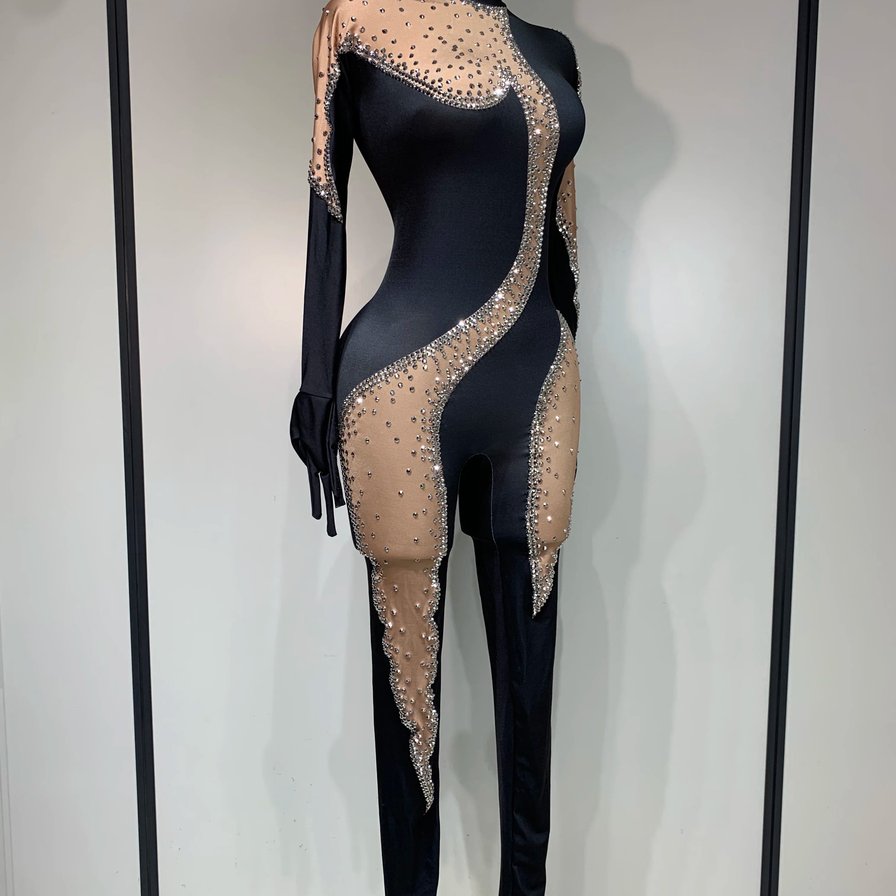 Fashion Sparkly Rhinestone Bodycon Bodysuit Female Singer Dancer Stage Perform Outfit Luxury Birthday Club Drag Queen Costume