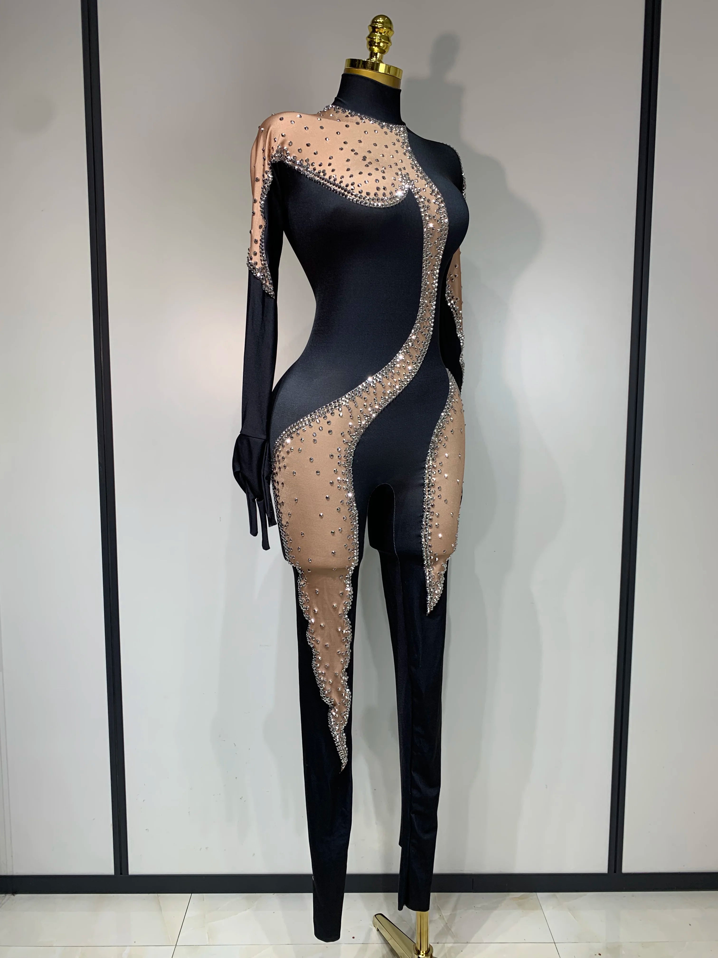 Fashion Sparkly Rhinestone Bodycon Bodysuit Female Singer Dancer Stage Perform Outfit Luxury Birthday Club Drag Queen Costume