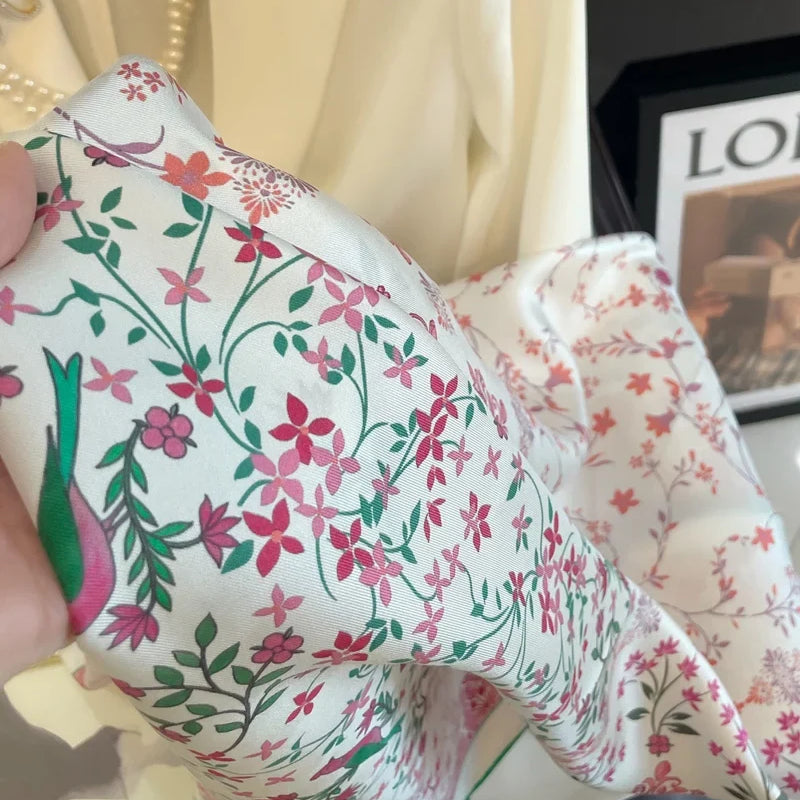 Floral Print 100% Silk Head Scarf Hijab for Hair Wrapping Womens Square 90 Silk Shawl Cape