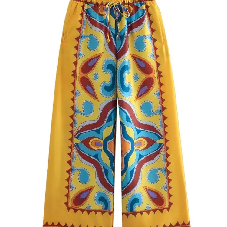 BlingBlingee Summer Printed Women Wide Pants Satin Suits Traf Asymmetric Sleeveless Strapless Crop Top Female Sets Y2K Only Pants 2