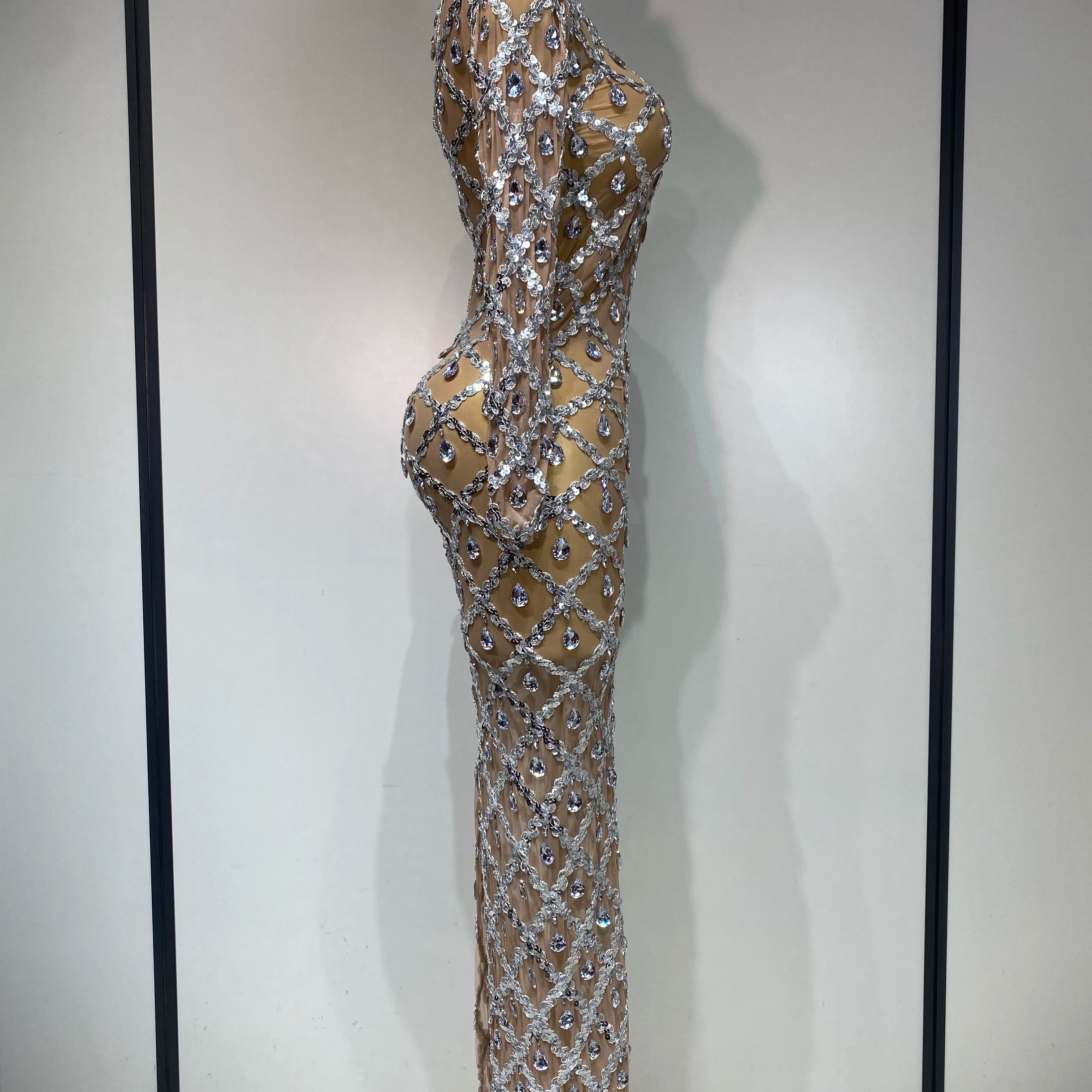 Women Sexy Luxury Birthday Dress Stage Shining Rhinestone Sequin Long Dress Evening Prom Gown Transparent Singer Club Host Dress