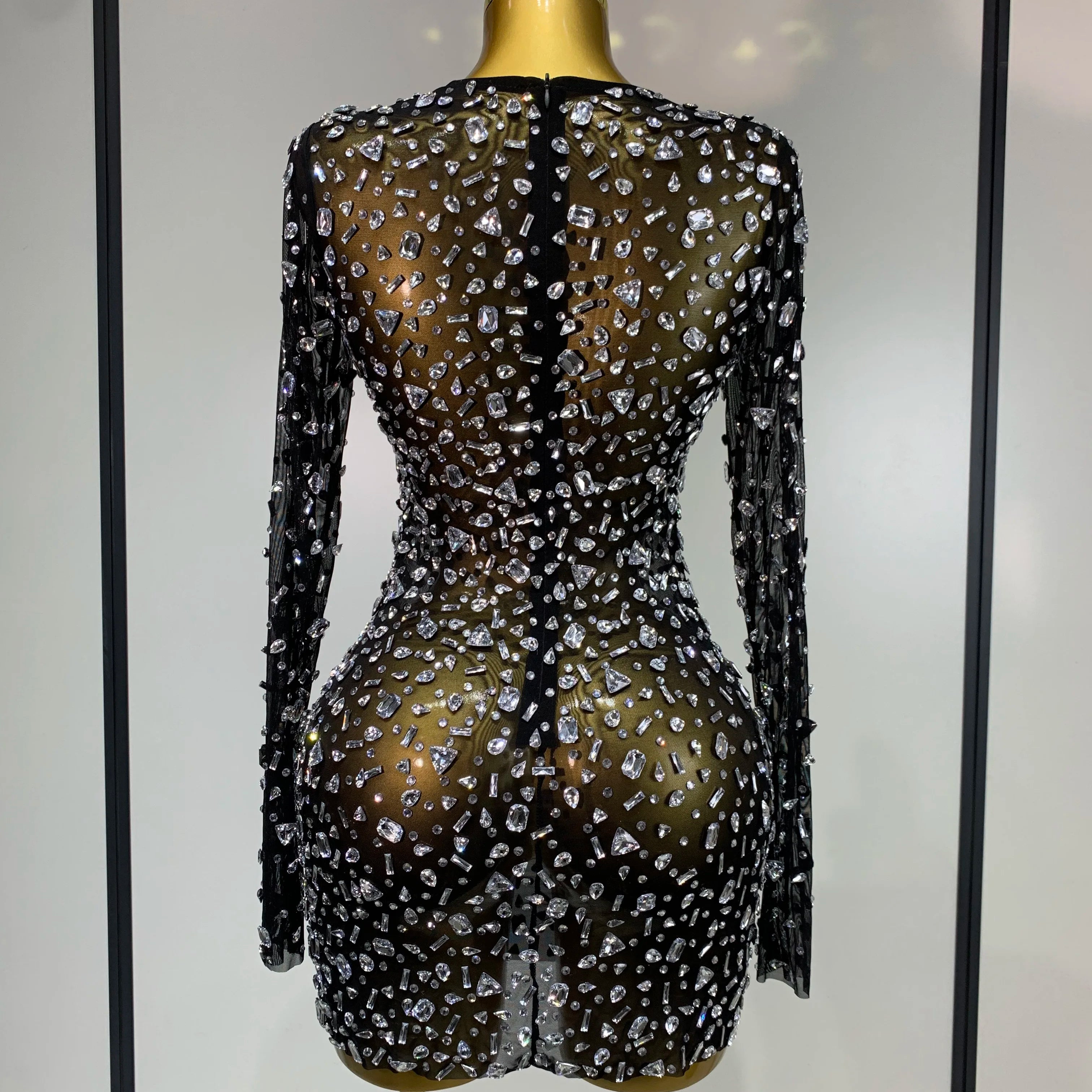 Sparkly Rhinestone Sexy Transparent Mini Dress Celebrity Evening Party Prom Birthday Photo Shoot Nightclub Stage Costume