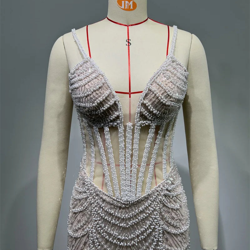 2025 Luxury Pearl Beading Haute Couture Sexy V-Neck Floor Length Dress Woman Birthday Party Dress Wedding Party Goddess Vestido