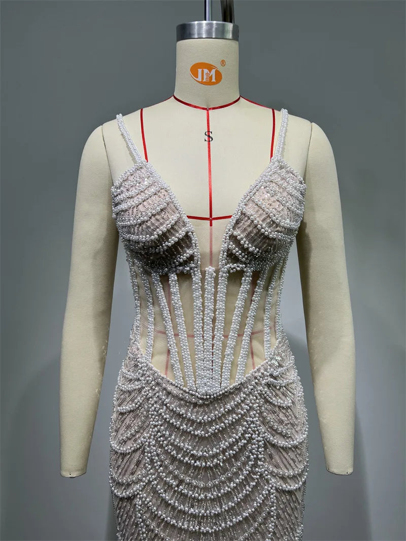 2025 Luxury Pearl Beading Haute Couture Sexy V-Neck Floor Length Dress Woman Birthday Party Dress Wedding Party Goddess Vestido