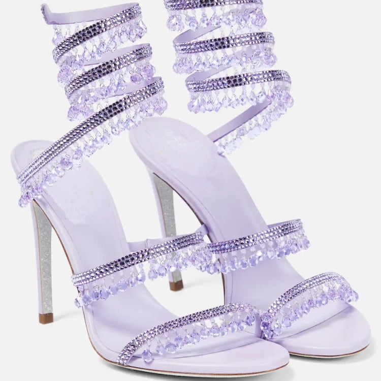 Women's New Rhinestone Sandals Fashion Tassel Crystal Shoes Sexy Nightclub Banquet Party Twining Stiletto Women's Sandals purple