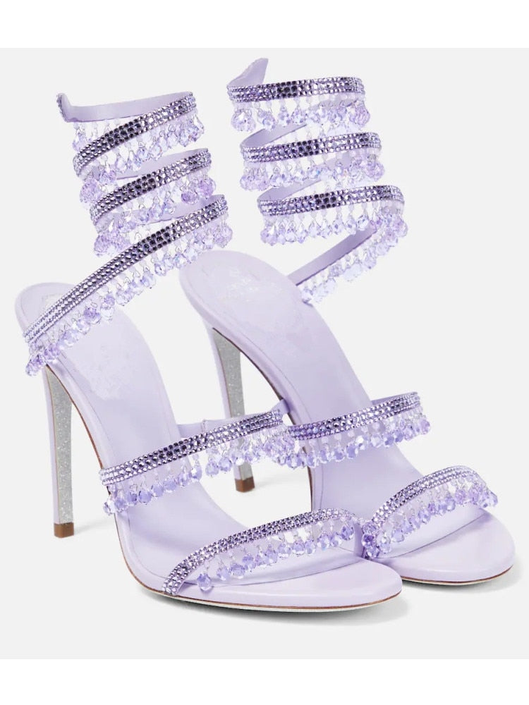 Women's New Rhinestone Sandals Fashion Tassel Crystal Shoes Sexy Nightclub Banquet Party Twining Stiletto Women's Sandals purple