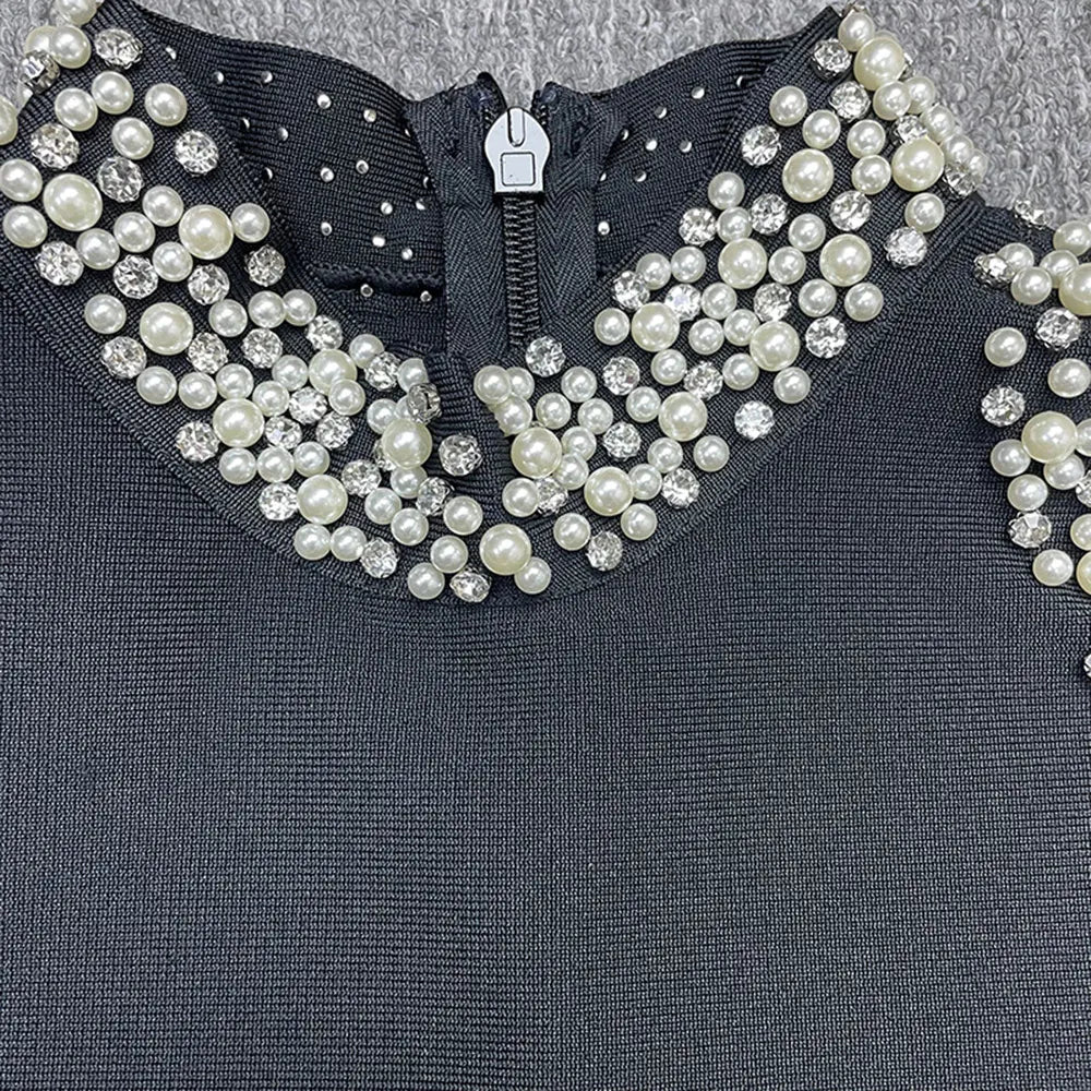 2024 Sexy Women'S Light Luxury Crystal Pearl Design Bandage Dress O-Neck Off Shoulder Long Sleeved Bodycon Christmas Long Dress