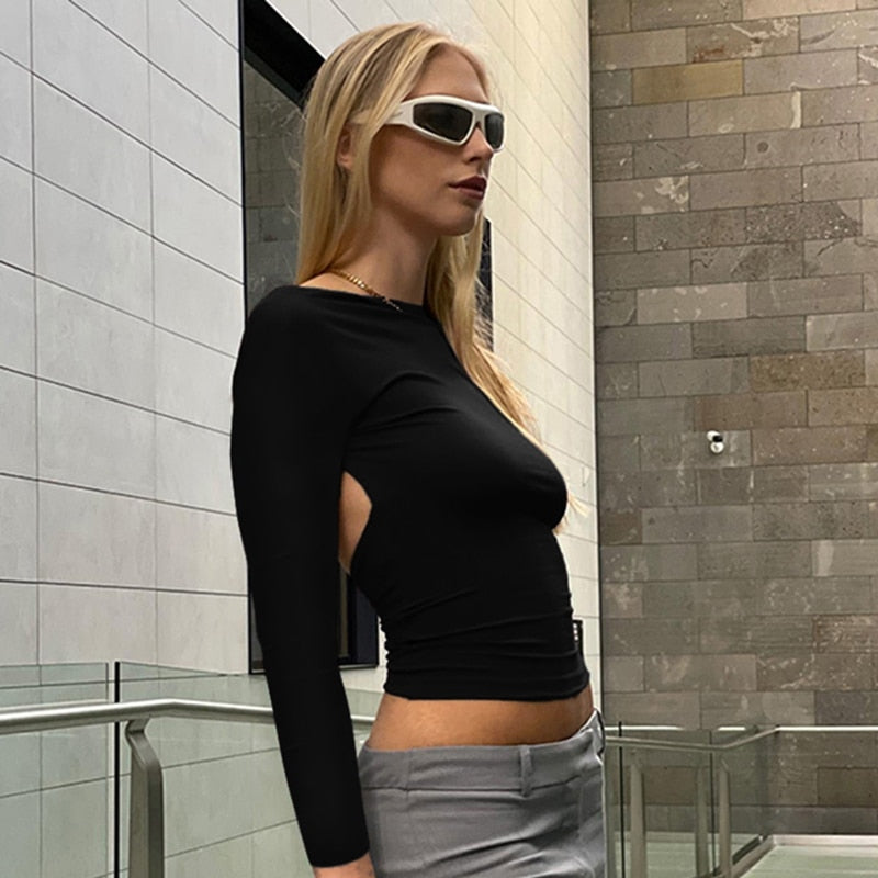 Y2K Sexy Backless Crop Top Women Casual 2024 Summer Short Sleeve O Neck T Shirts Streetwear Fit Slim Pullovers Base Tees T-Shirt Long Sleeve Black