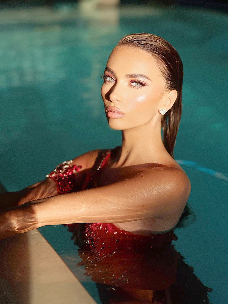 Red Diamonds Mermaid Dress Beaded Diagonal One-shoulder High Split Crystals Details Maxi Banquet Evening Party Gown