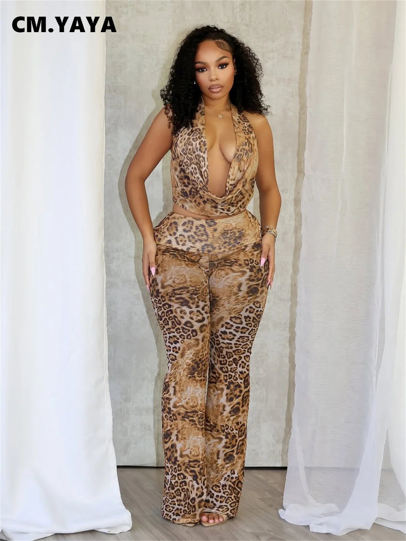 Women's Set Sleeveless Halter V-neck Leopard Print Top + Pants Suit 2025 Sexy Slim Night Party Two 2 Piece Sets Outfits