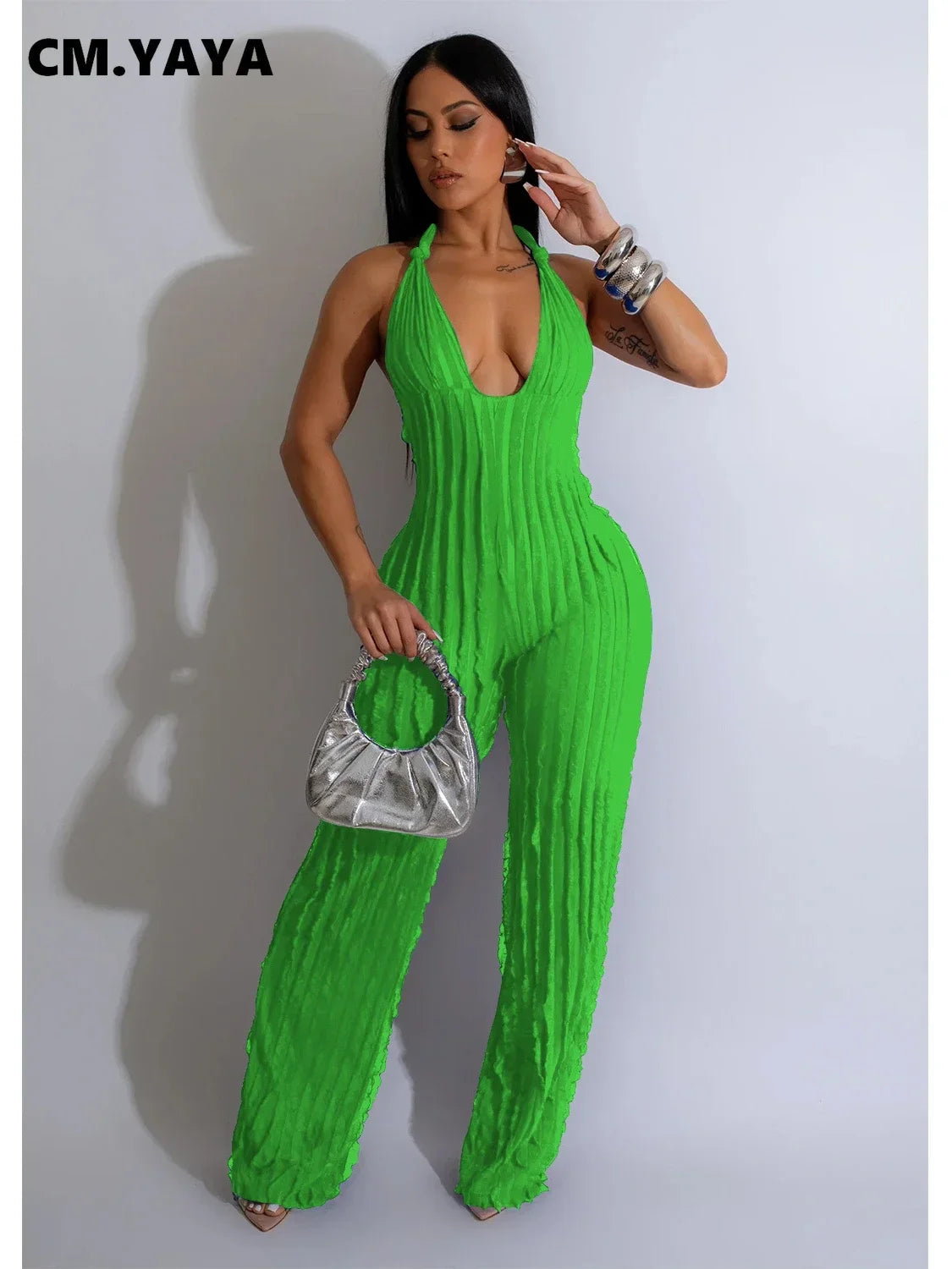 CM.YAYA Fashion Ruffles Women Halter Deep V-neck Backless Wide Leg Jumpsuit 2023 Sleeveless Chic Playsuit One Piece Suit Romper