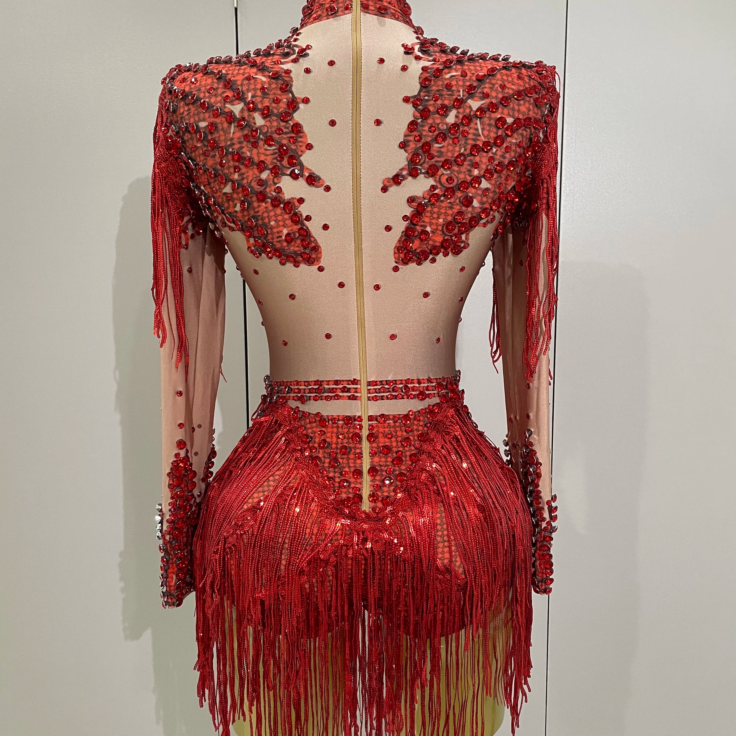 Women Sparkly Rhinestone Sequin Tassel Stretch Bodysuits 2025 Birthday Party Nightclub Dj Stage Performance Costume