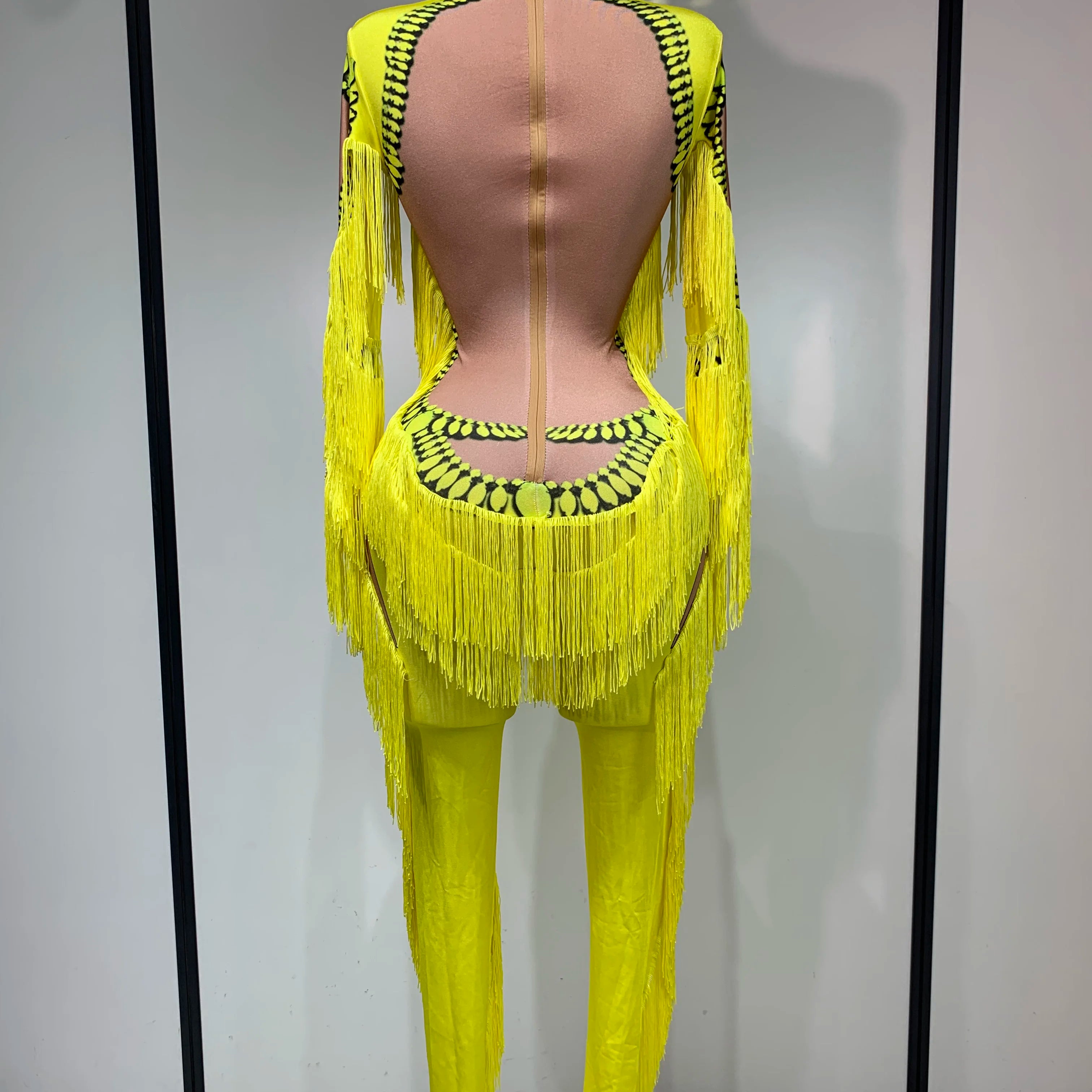 Yellow Tassel Stretch Bodycon Jumpsuit Nightclub Gogo Dance Clothing Dj Rave Outfit Nightclub Party Singer Performance Outfit