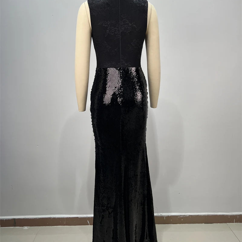 2025 Black Lace Patchwork Sequins Sexy V-Neck Mermaid Floor Length Dress Fashion Woman Party Dress Celebrity banquet Outfit