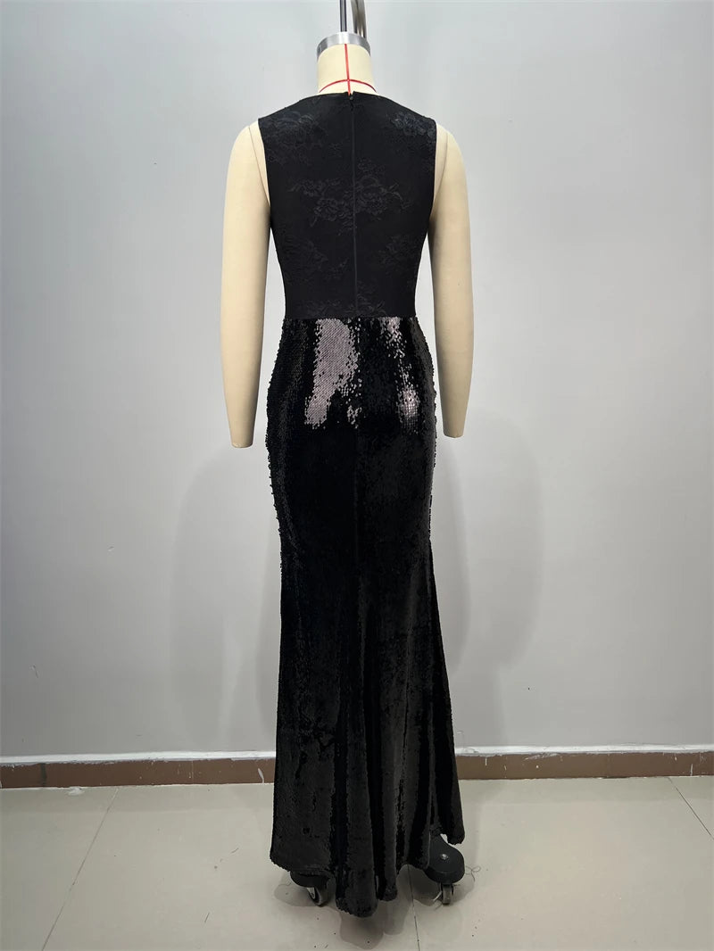 2025 Black Lace Patchwork Sequins Sexy V-Neck Mermaid Floor Length Dress Fashion Woman Party Dress Celebrity banquet Outfit