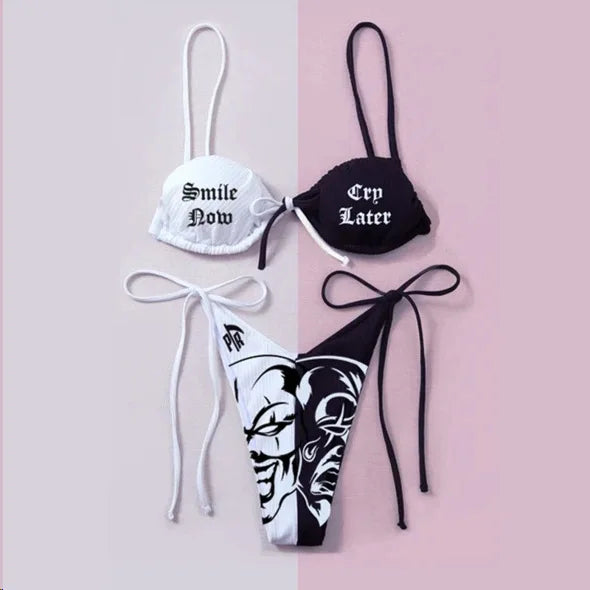 Sexy Goth Bikini 2023 Women Letters Skull Print Swimsuit Split Bathing Suit High Waist Gothic Bikinis Sets Beach Outfits 4