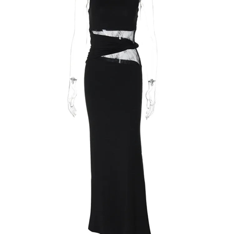 Sheer Lace Sleeveless Sexy Maxi Dress For Women Gown Summer Patchwork Fashion O Neck Bodycon Long Tank Dress Vestido