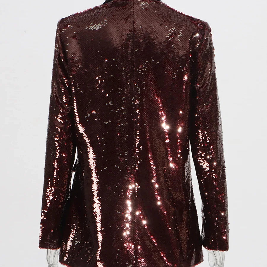 Solid Slimming Spliced Sequins Blazer for Women Lapel Long Sleeves Patchwork Pockets Coat Female Fashion Clothing