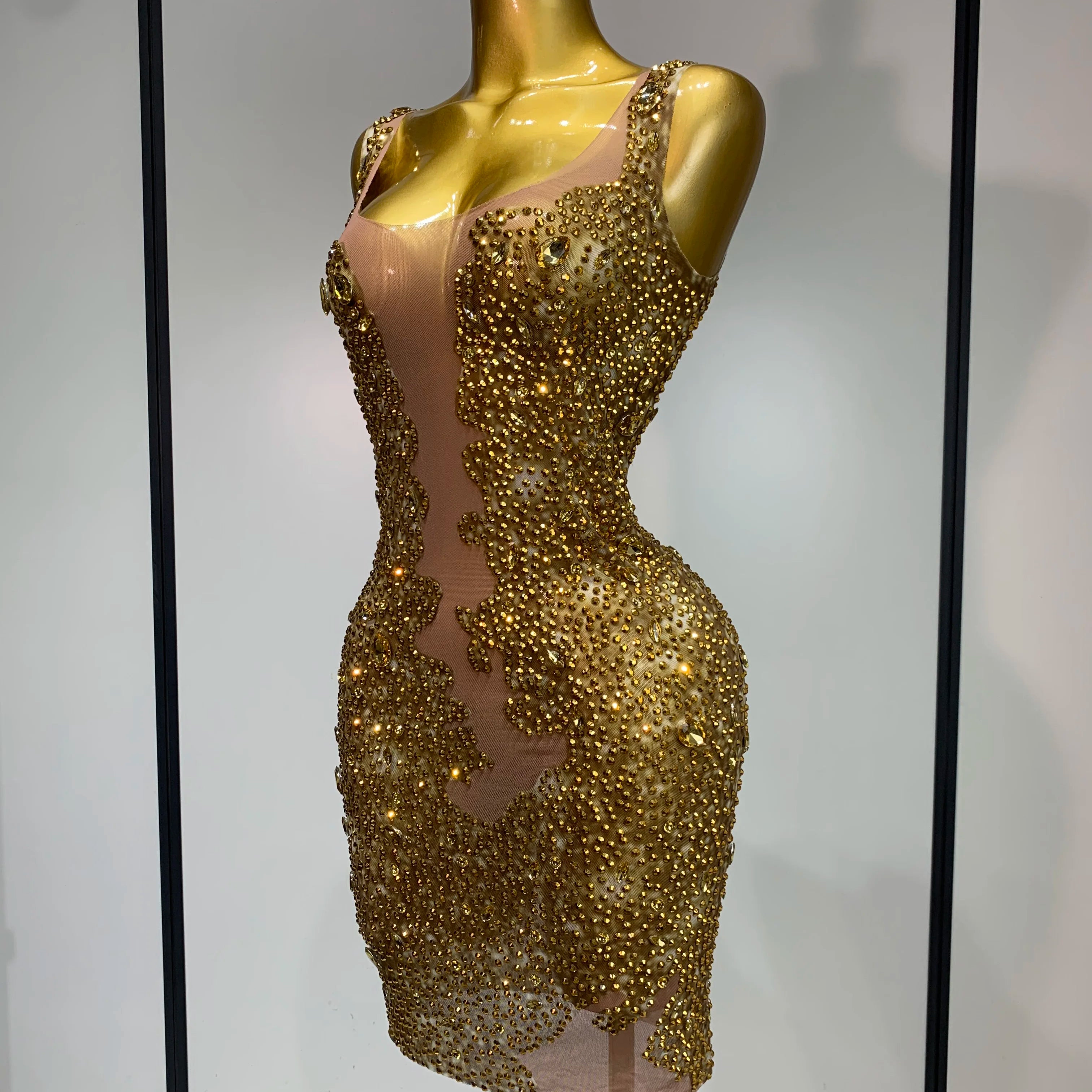 Women Sexy Stage Perform Outfit Club Gown Shining Gold Rhinestones Elegant Mesh Dress Birthday Evening Party Photoshoot Costume