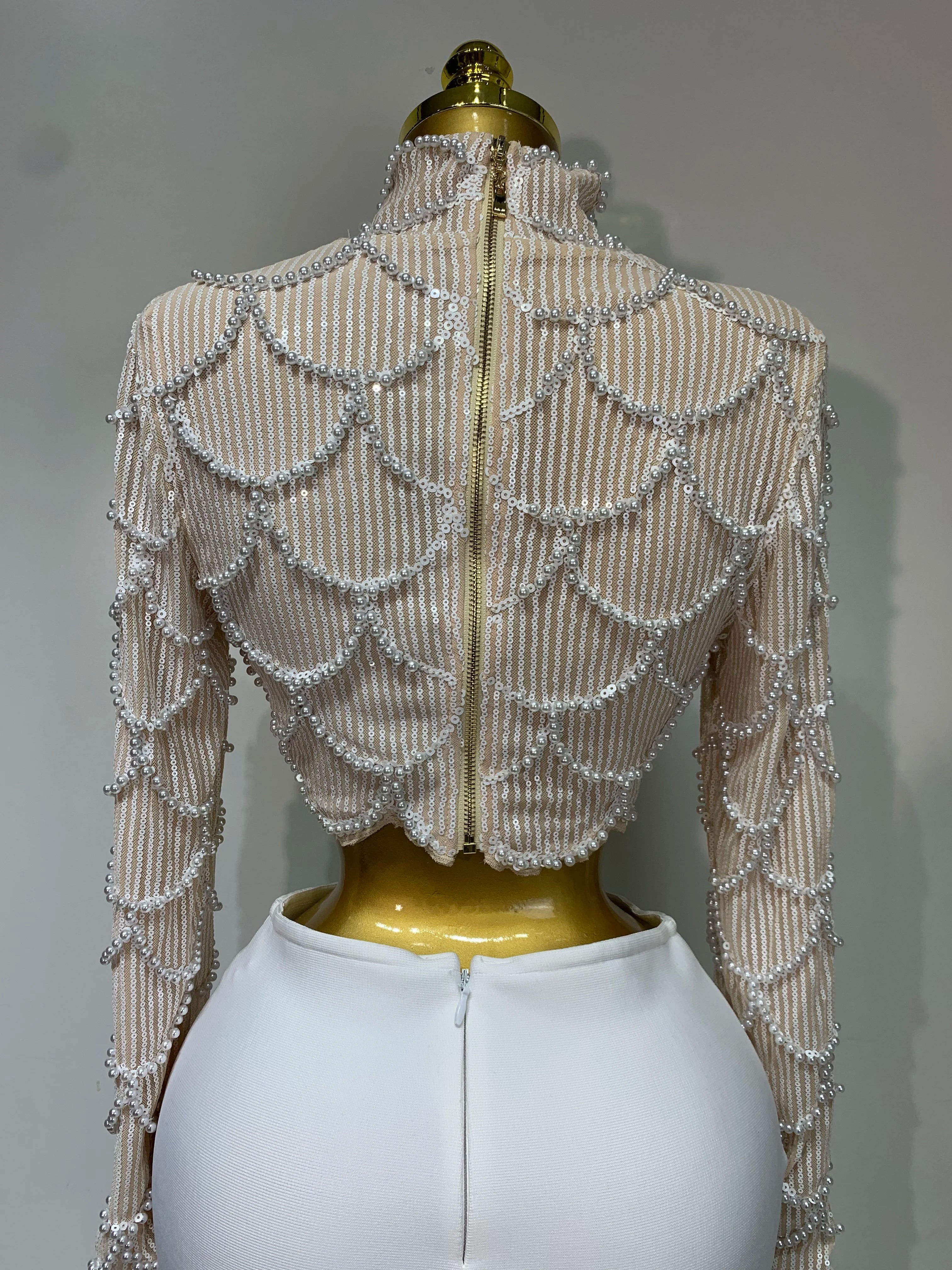 Women Long Sleeve Sexy Beading Tops Two Pieces Set Bodycon Long Bandage Dress Luxury Birthday Evening Party Wedding Guest Gowns