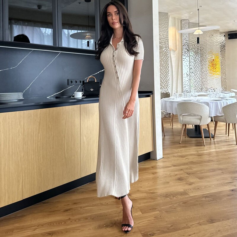 Tossy White Knit Fashion Maxi Dress Women Short Sleeve Patchwork Elegant Party Dress Knitwear Lapel High Street Women's Dress Khaki