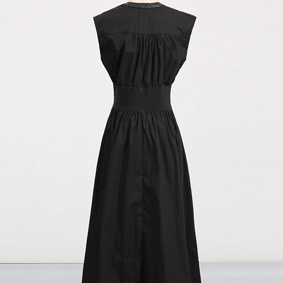 Solid Slimming Spliced Lace Up Elegant Dresses for Women Round Neck Sleeveless Patchwork Folds Dress Female Fashion