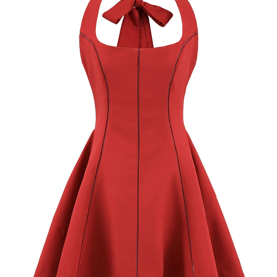 Solid Slimming Fashion Mini Dresses for Women Halter Neck Sleeveless Patchwork Bow Tunic Elegant Dress Female New RED