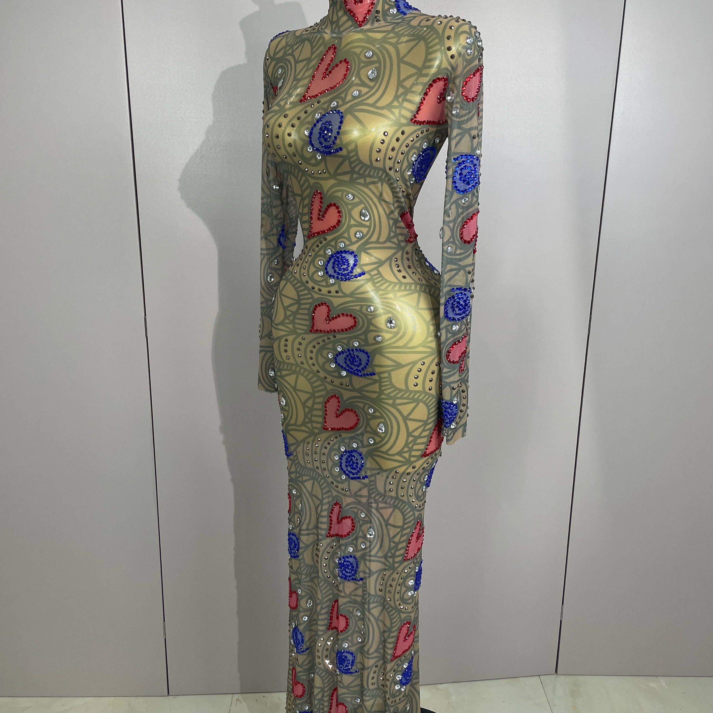 2025 New Sparkly Diamond High Neck Sexy Mesh Wrap Hip Long Dress Host Annual Meeting Party Nightclub Bar Performance Costume