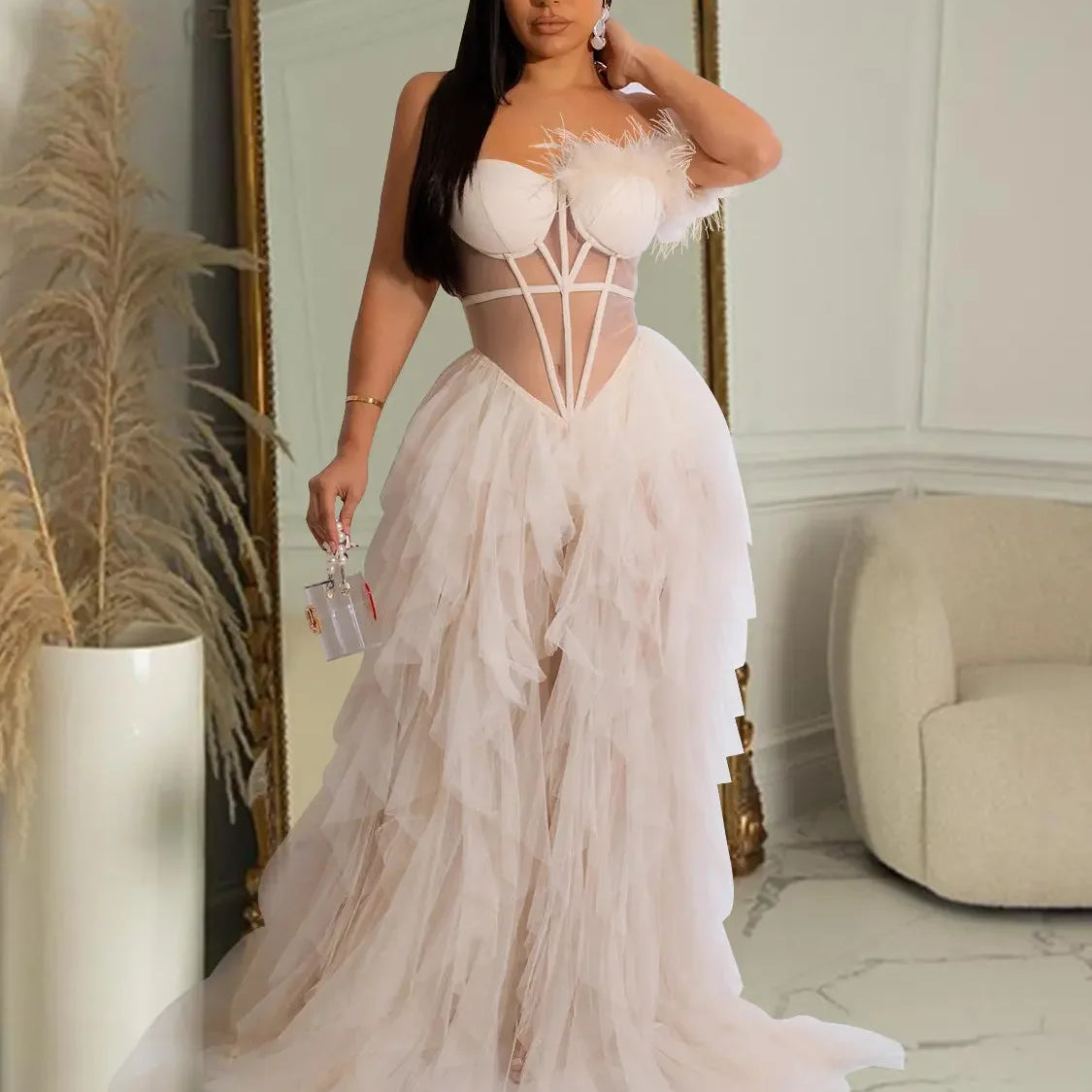 Women Tierred Mesh See Though Off Shoulder Sweetheart Collar Maxi Long Floor Length Dress Evening Sexy Party Dresses