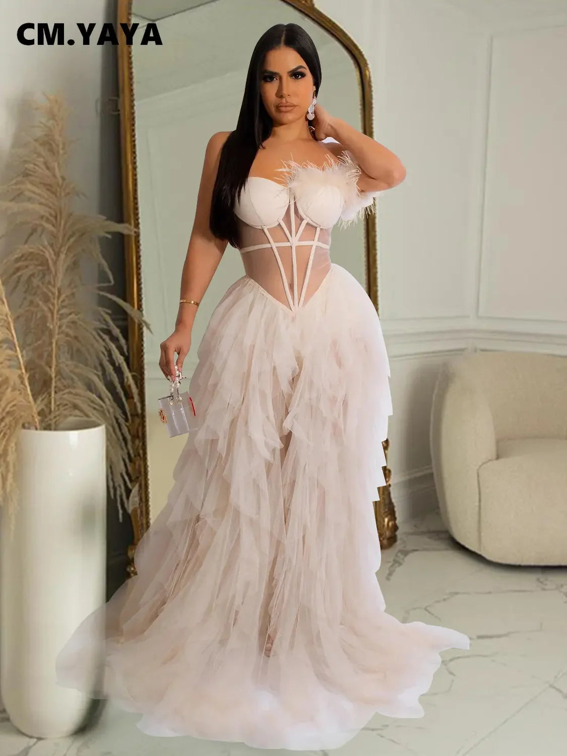 Women Tierred Mesh See Though Off Shoulder Sweetheart Collar Maxi Long Floor Length Dress Evening Sexy Party Dresses