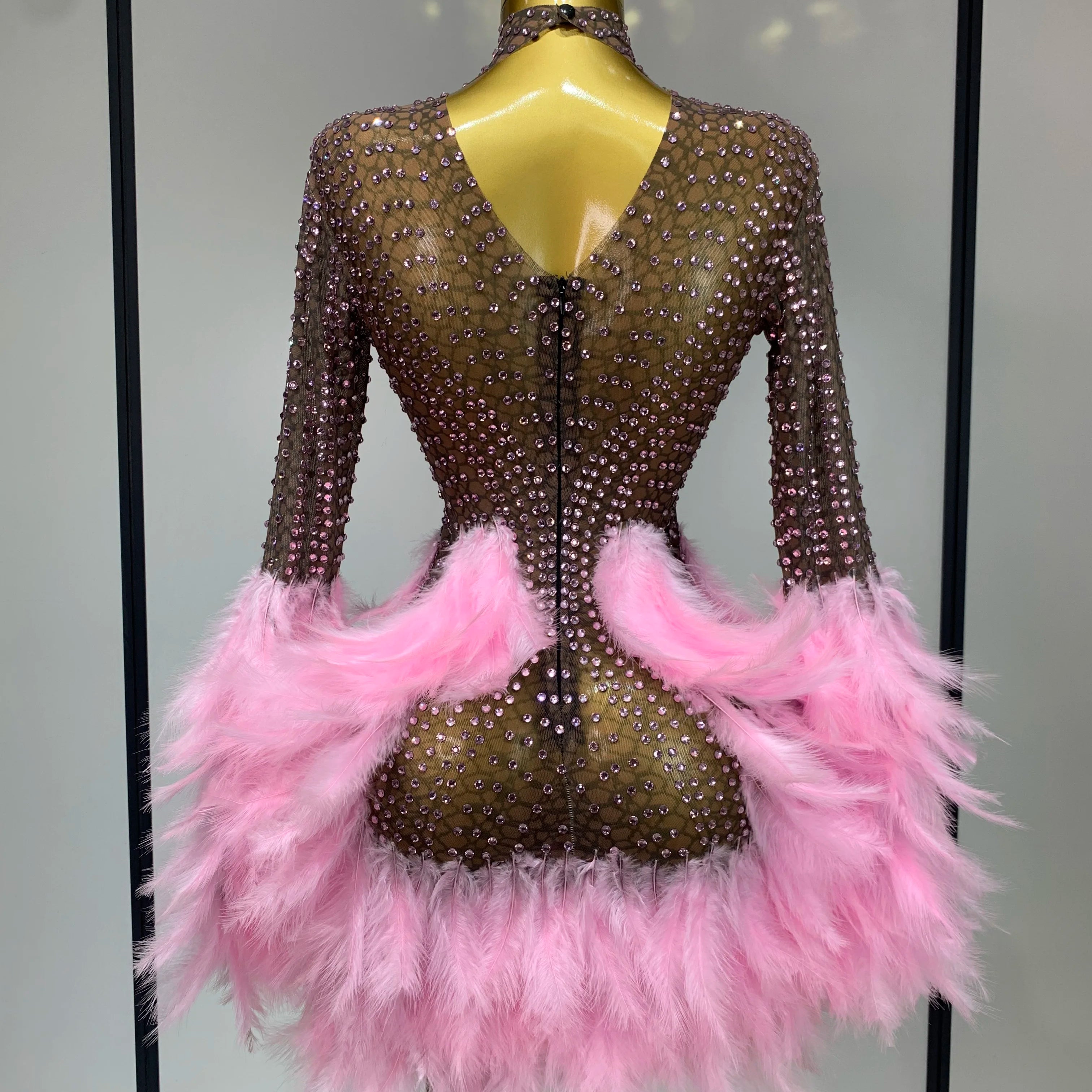 Women Luxury Birthday Dress Rhinestones Mesh Feathers Bodycon Mini Celebrity Evening Club Party Dress Nightclub Stage Outfit