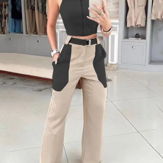 Two Piece Set Women Outfit 2023 Fashion Summer Sexy Open Back Sleeveless Short Top & Casual Y2K Pants Set Streetwear Clothing B